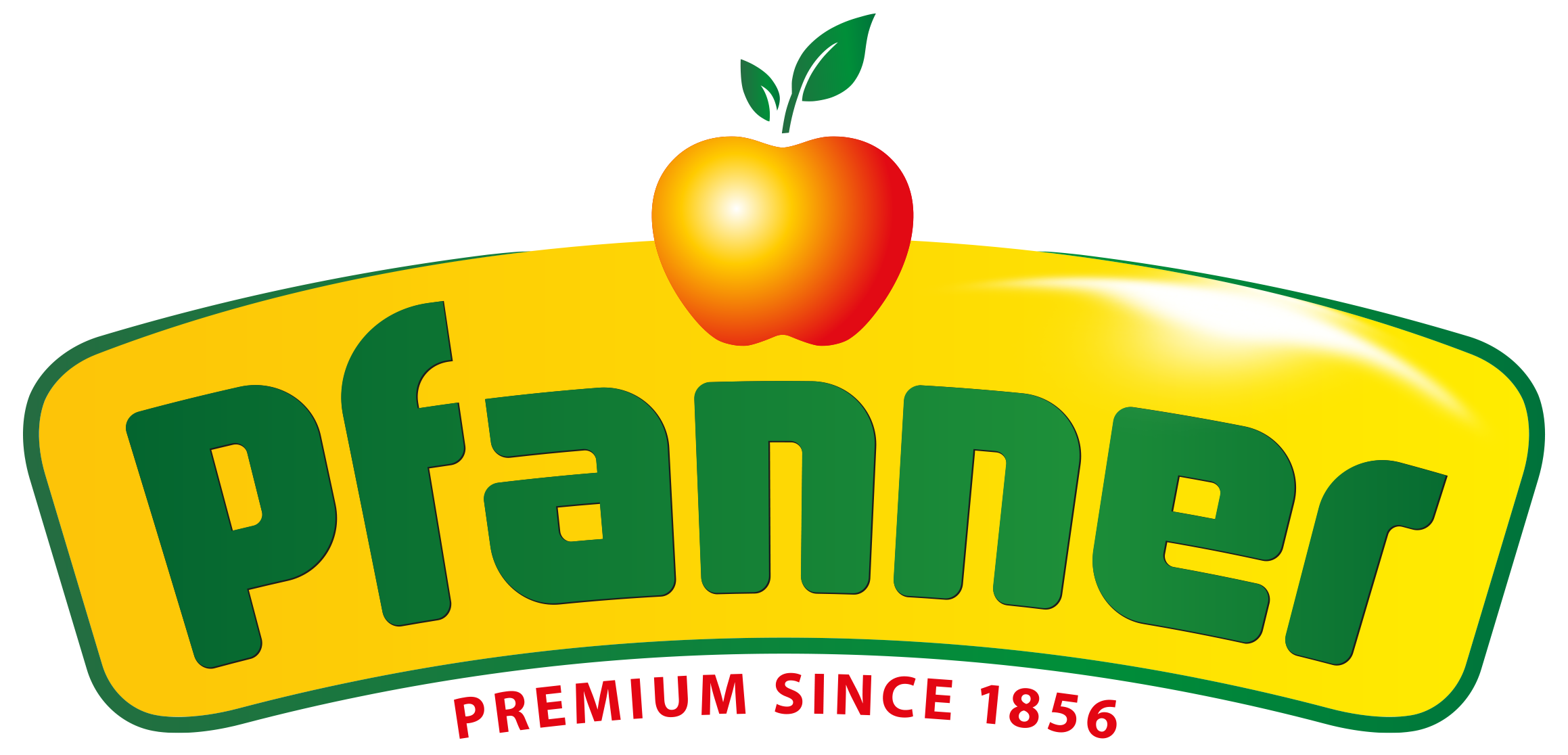 Pfanner Logo. Grüner Schriftzug auf Goldenem Hintergrund. Darüber ist ein roter Apfel. Darunter steht Premium since 1856